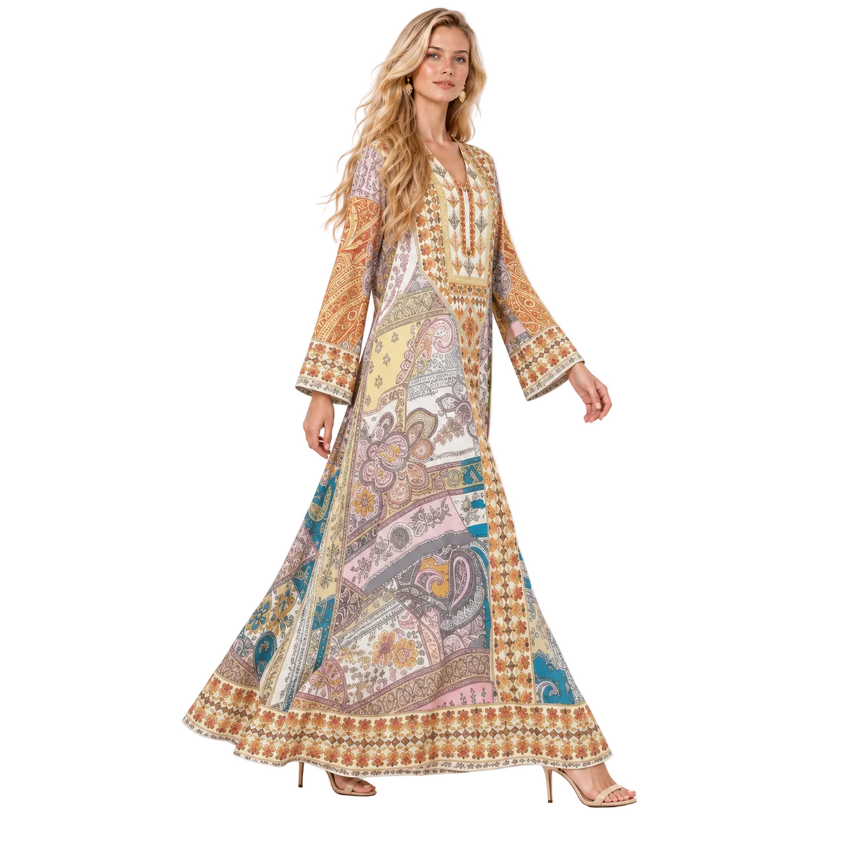 Multicolor Paisley Printed Elegant Gamis Kaftan