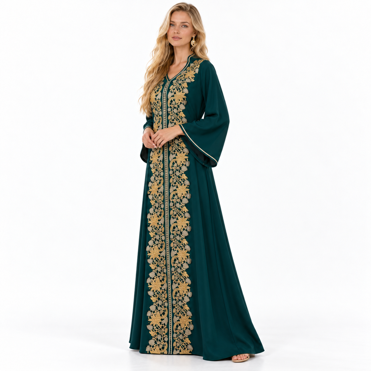 Emerald Green Gold Embroidered Gamis Kaftan