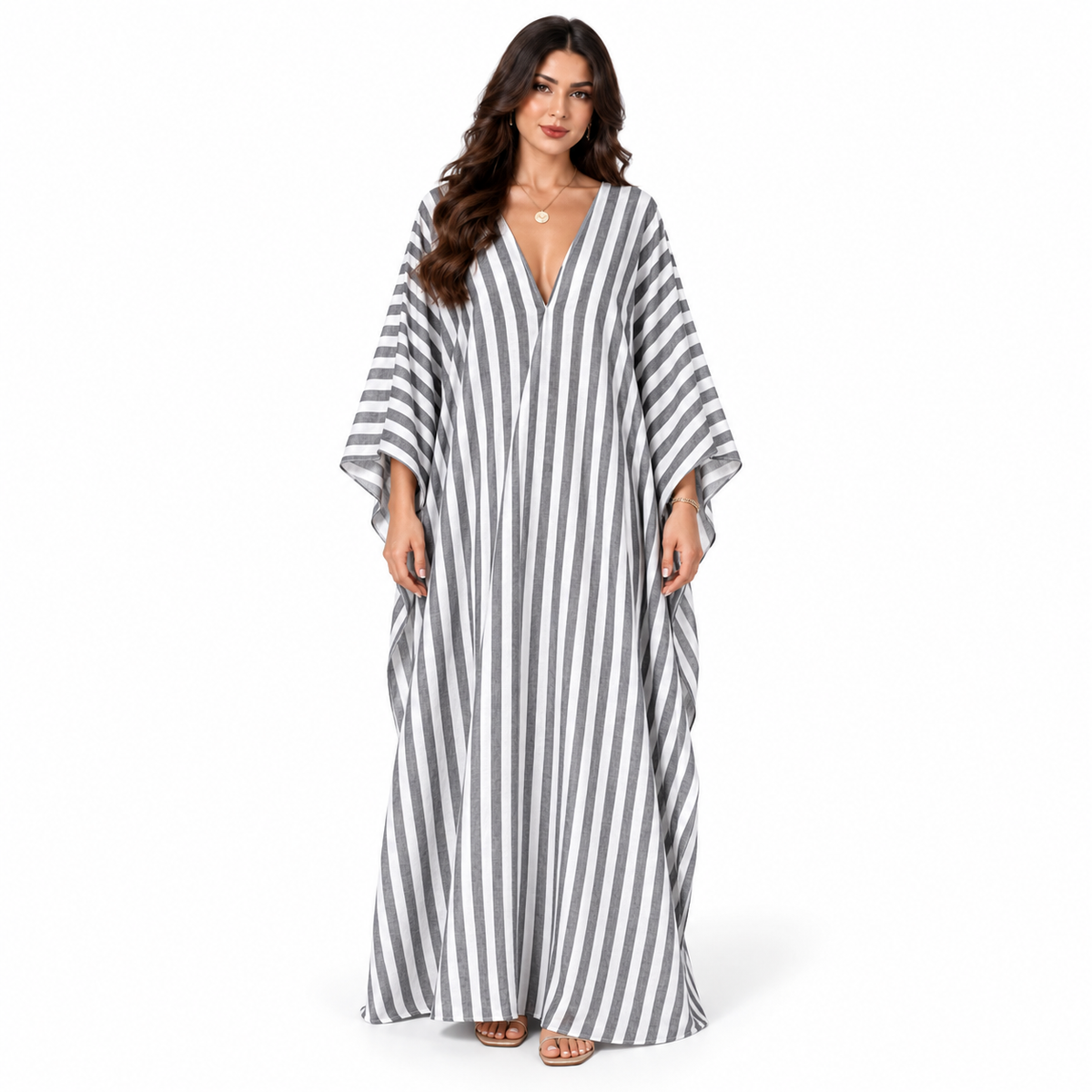 Grey White Striped Plus Size Kaftan