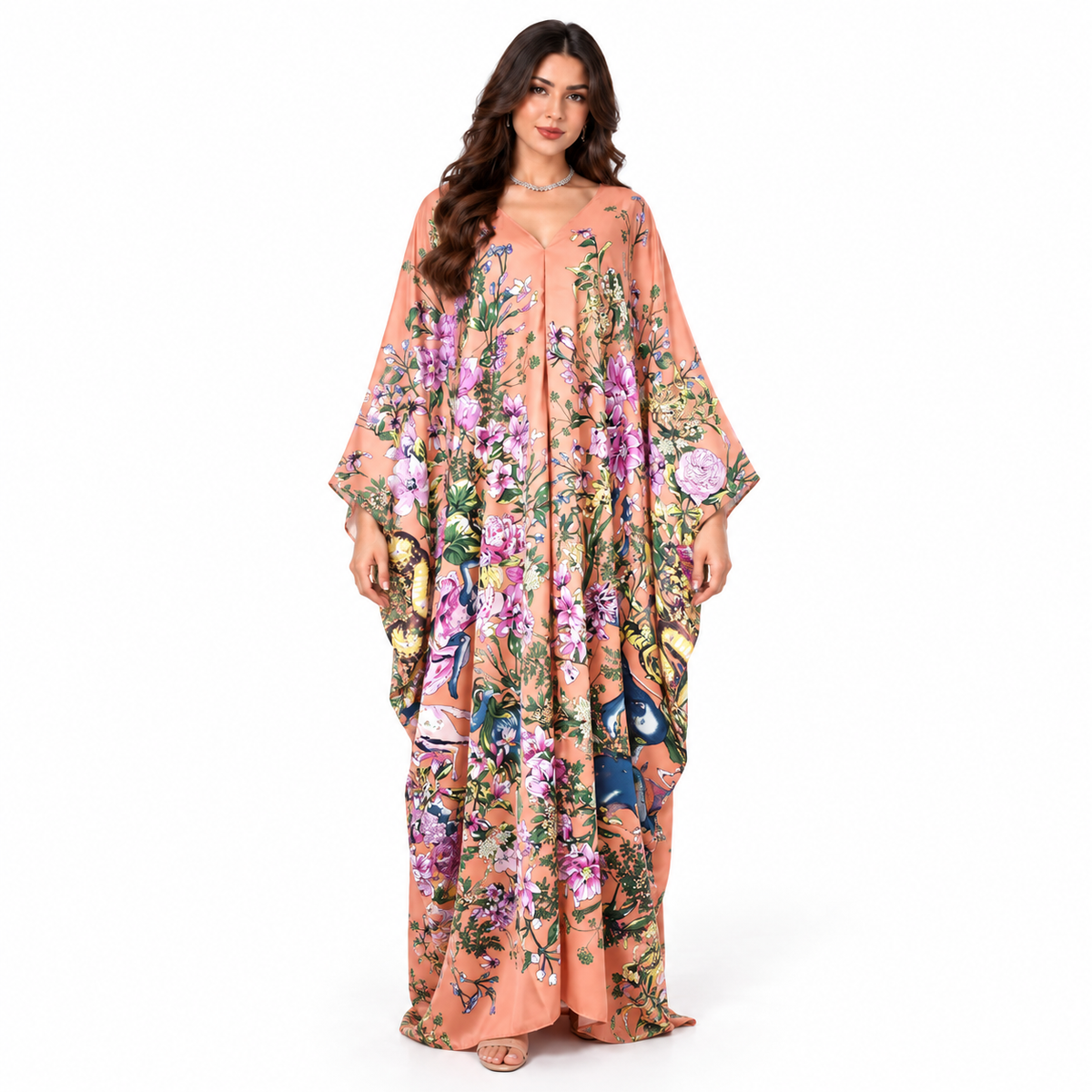Peach Floral Print Plus Size Kaftan