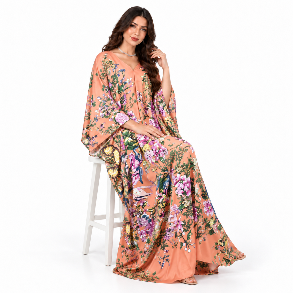 Peach Floral Print Plus Size Kaftan
