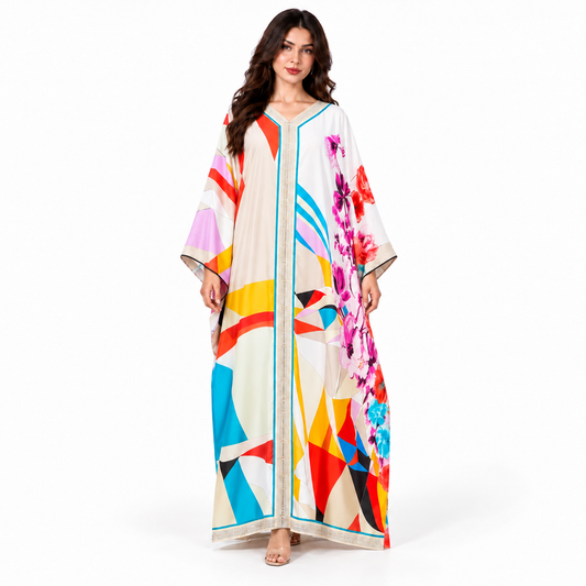 White Floral Geometric Plus Size Kaftan