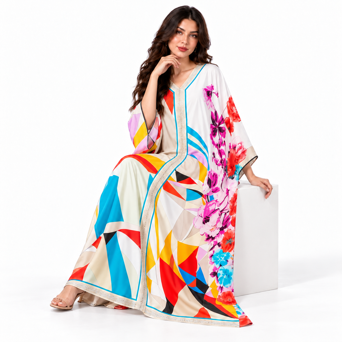 White Floral Geometric Plus Size Kaftan
