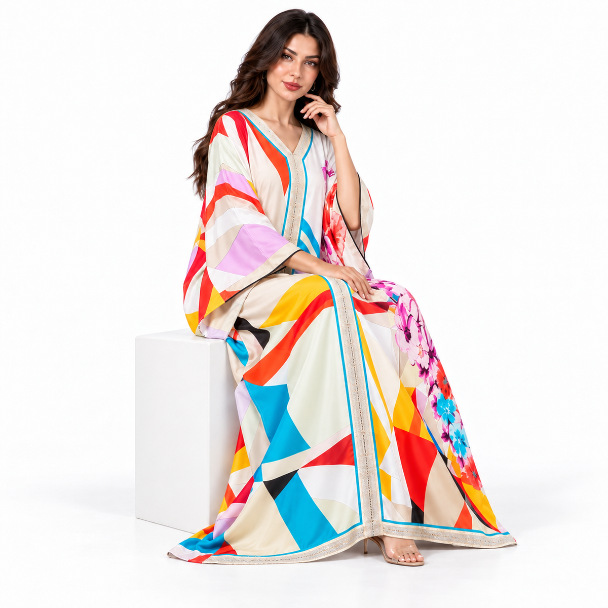White Floral Geometric Plus Size Kaftan