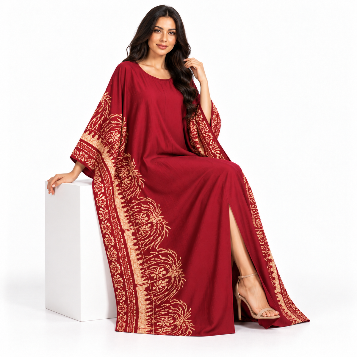 Burgundy Embroidered Luxury Plus Size Kaftan