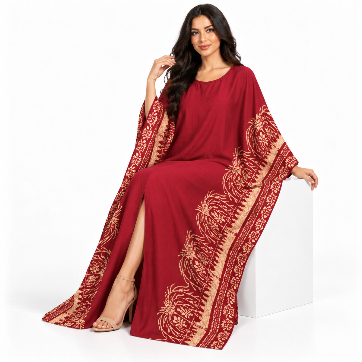 Burgundy Embroidered Luxury Plus Size Kaftan