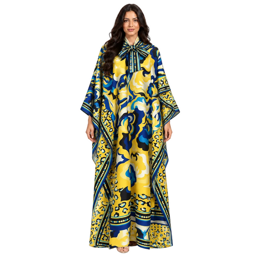 Blue Yellow Printed Plus Size Kaftan