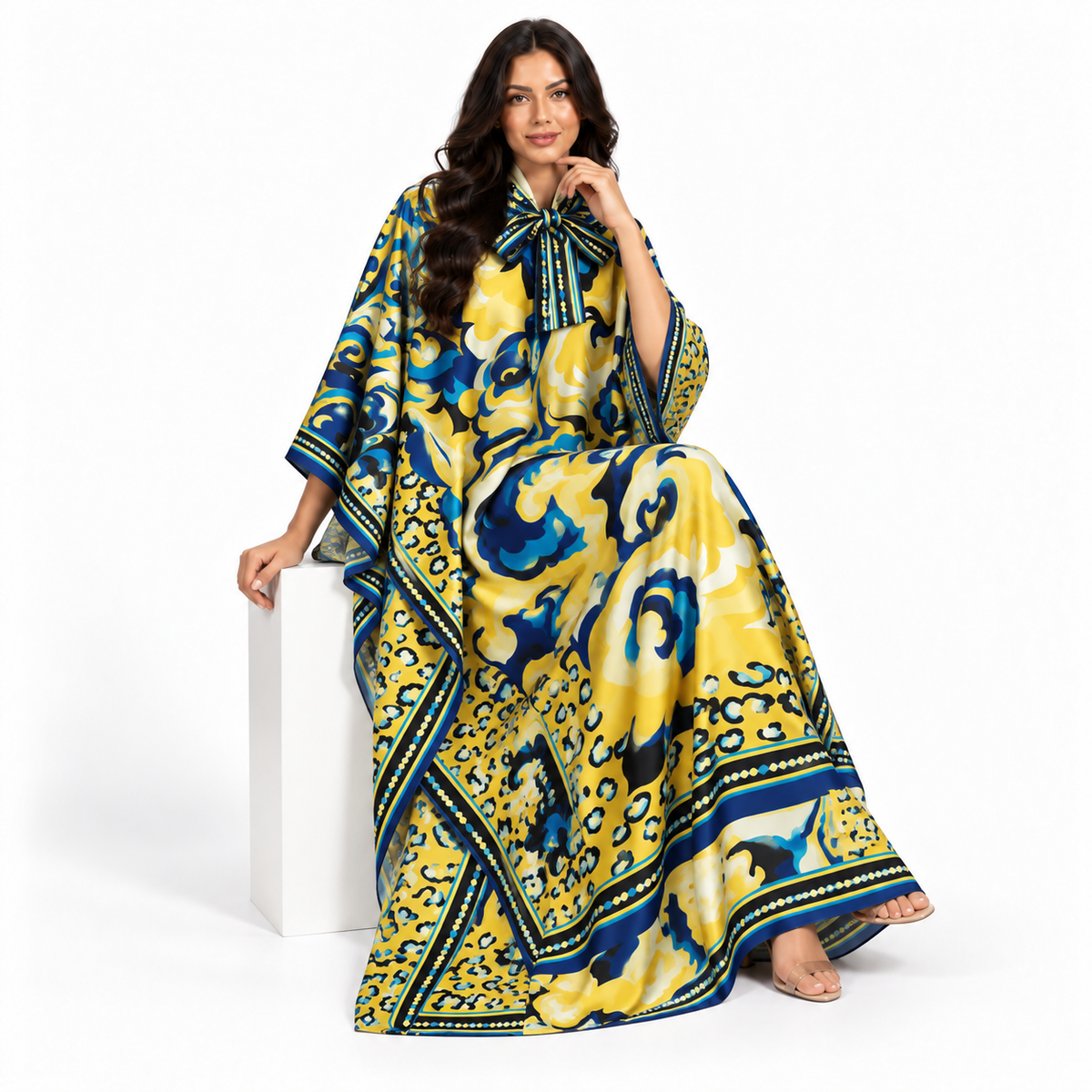 Blue Yellow Printed Plus Size Kaftan