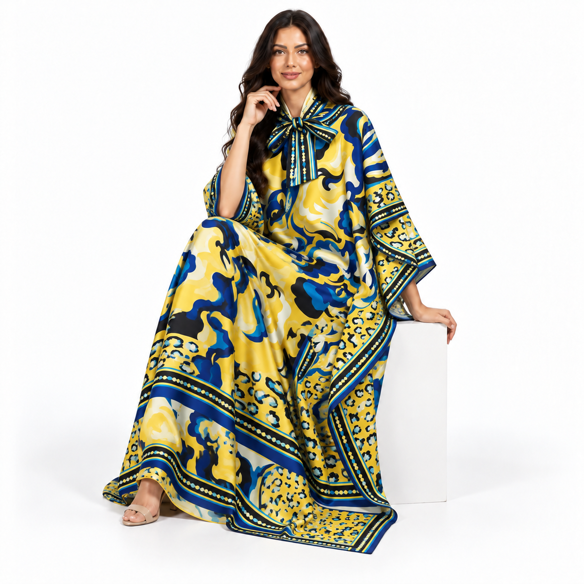 Blue Yellow Printed Plus Size Kaftan