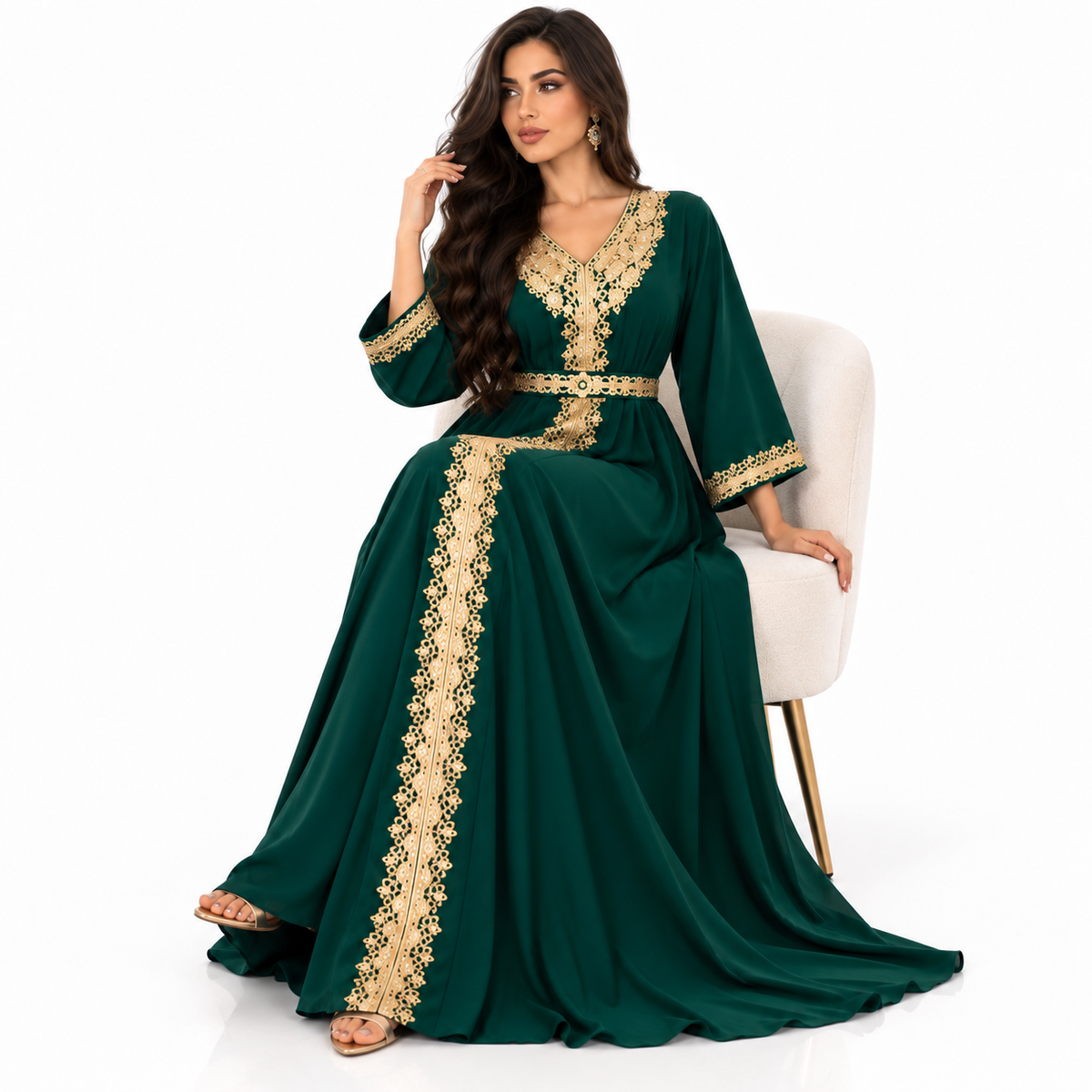 Olive Green Embroidered Luxury Moroccan Kaftan