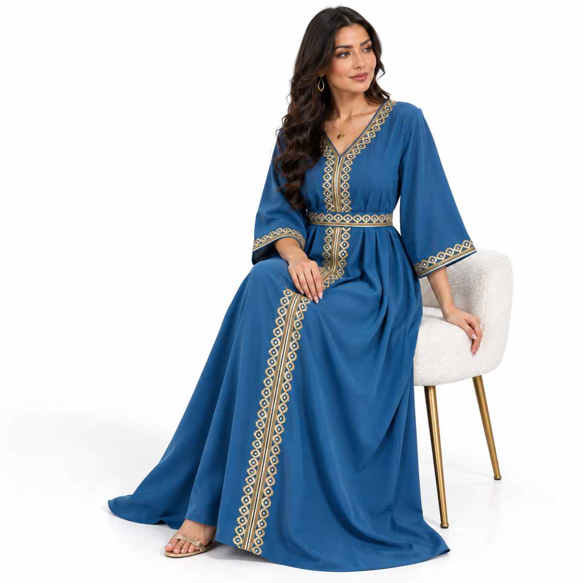 Peacock Blue Embroidered Luxury Moroccan Kaftan