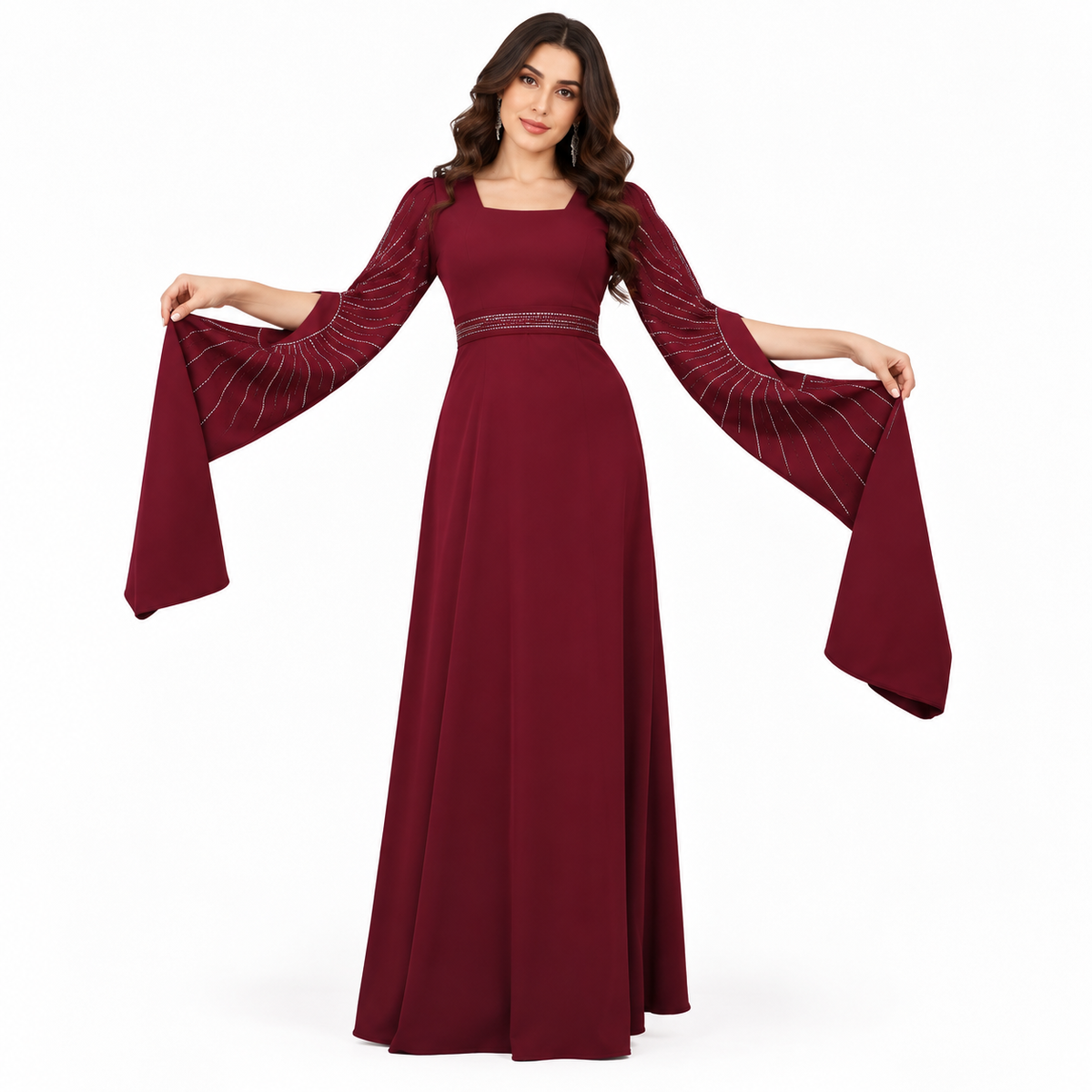 Elegant Wine Red Rhinestone Moroccan Kaftan