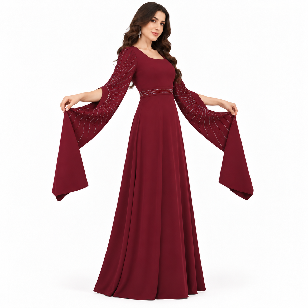 Elegant Wine Red Rhinestone Moroccan Kaftan
