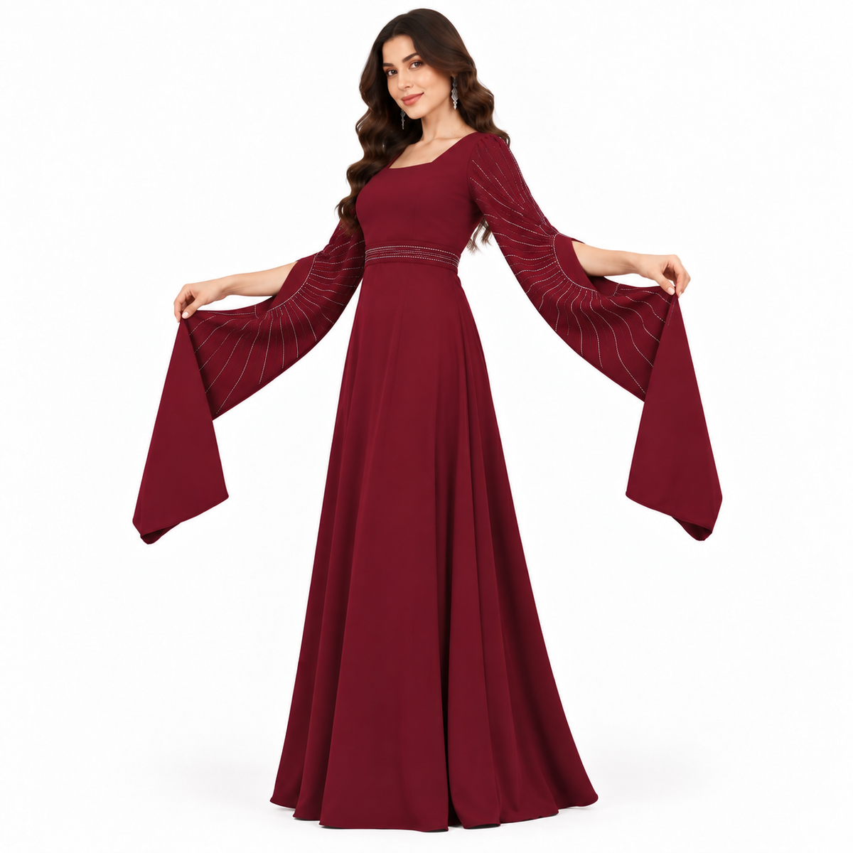 Elegant Wine Red Rhinestone Moroccan Kaftan