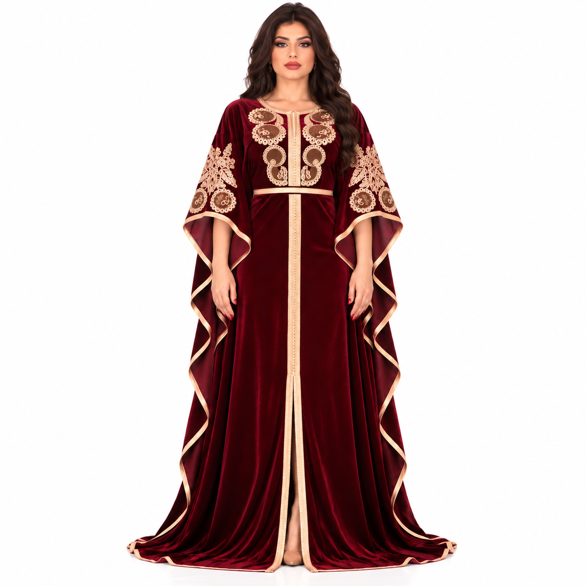 Wine Red Embroidered Velvet Moroccan Kaftan