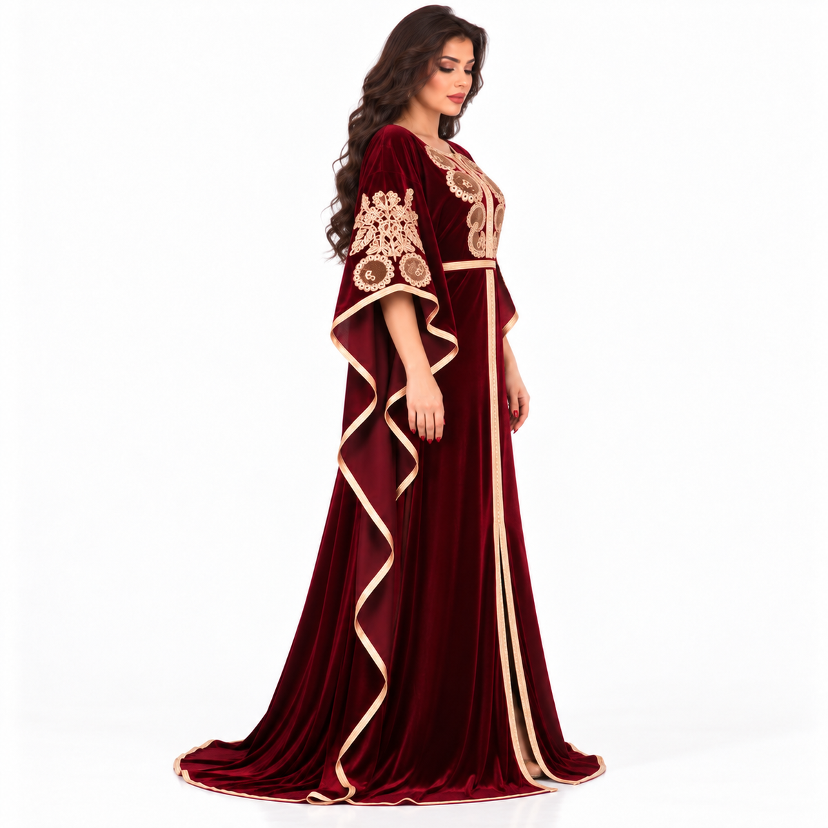 Wine Red Embroidered Velvet Moroccan Kaftan