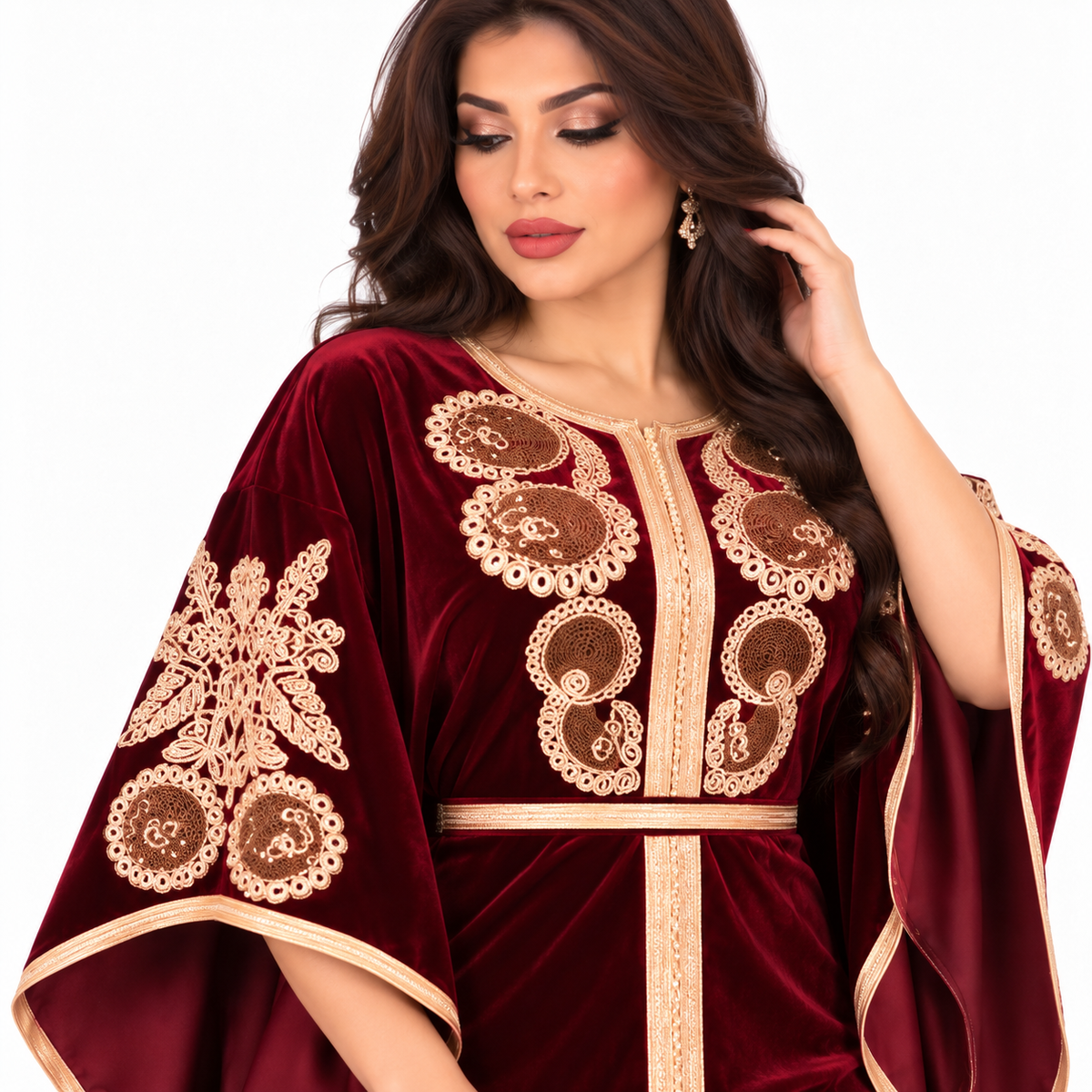 Wine Red Embroidered Velvet Moroccan Kaftan