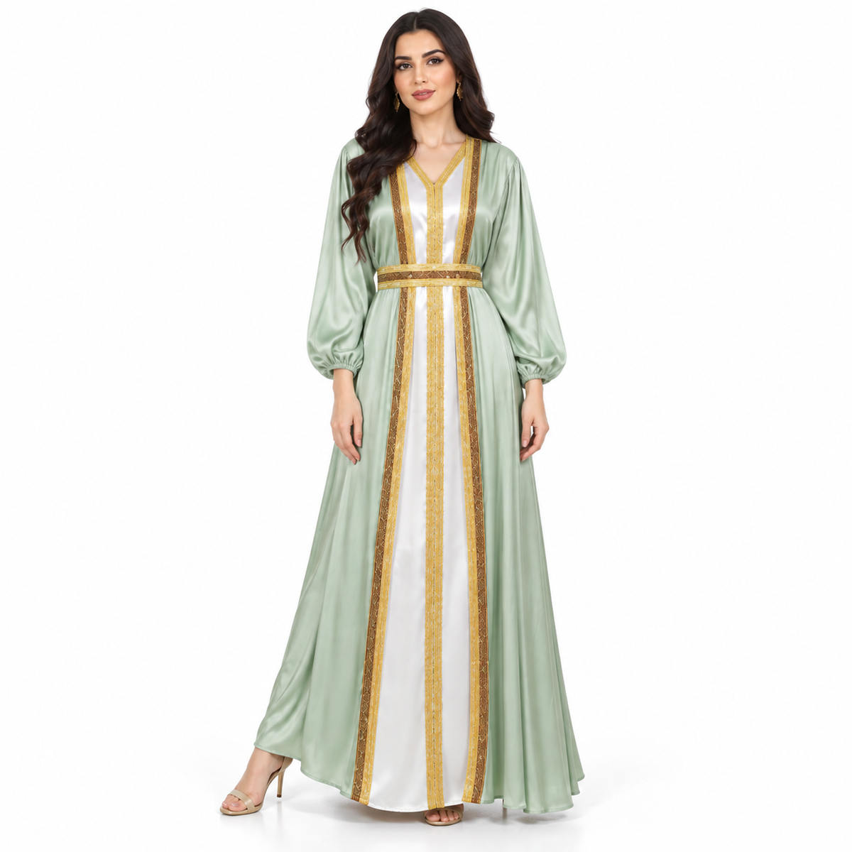 Green Gold Satin Luxury Moroccan Kaftan