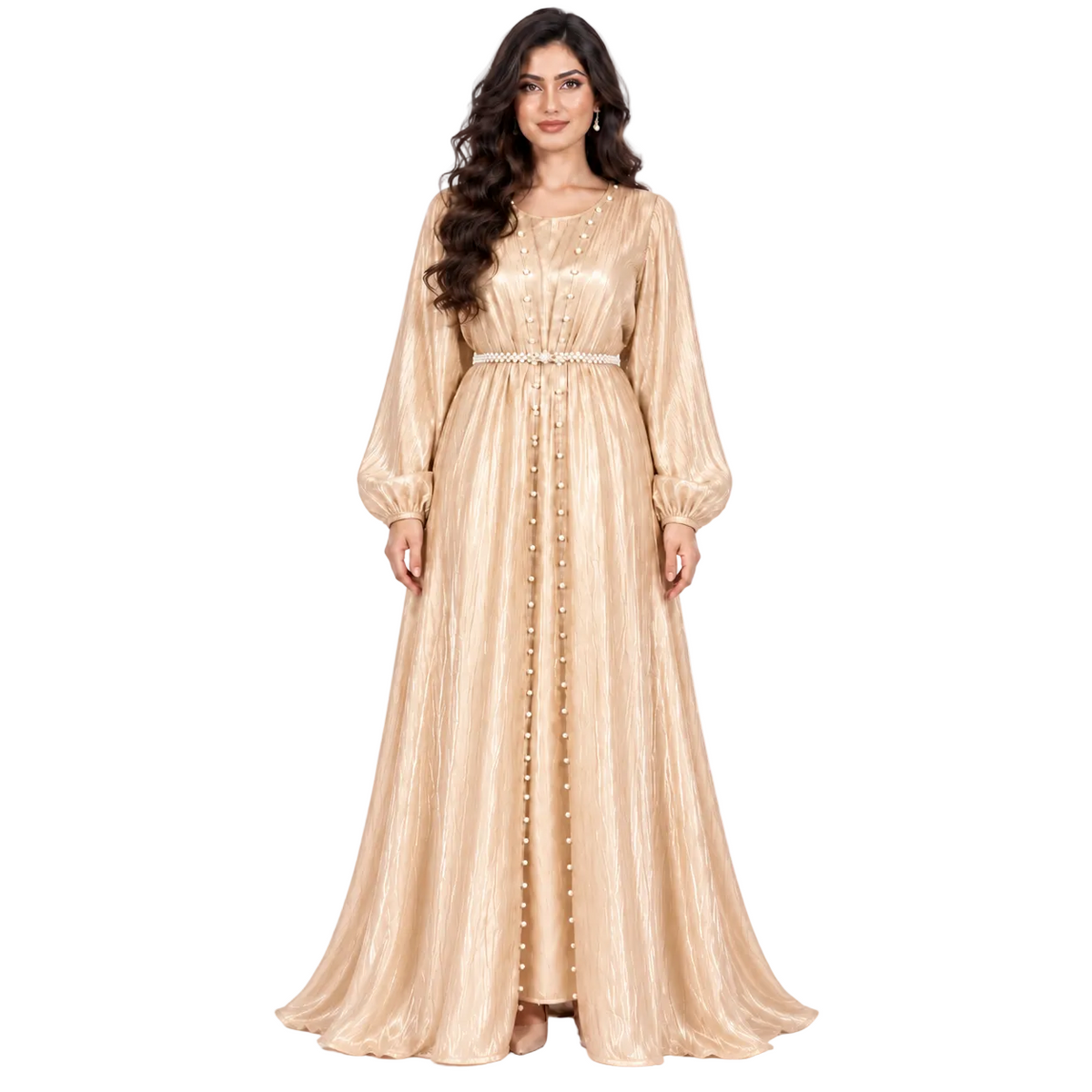 Champagne Pearl Belted Elegant Moroccan Kaftan