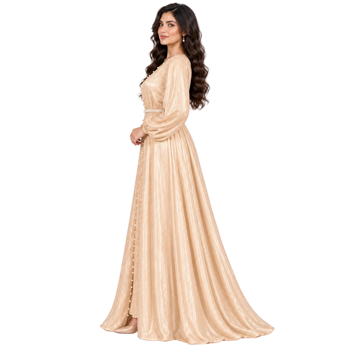 Champagne Pearl Belted Elegant Moroccan Kaftan