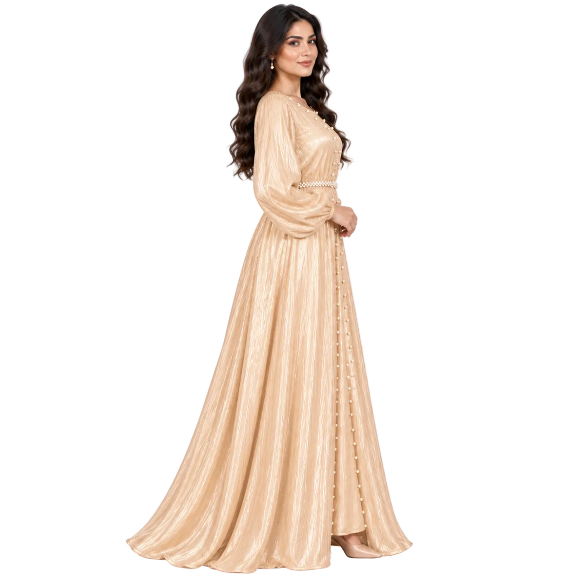 Champagne Pearl Belted Elegant Moroccan Kaftan