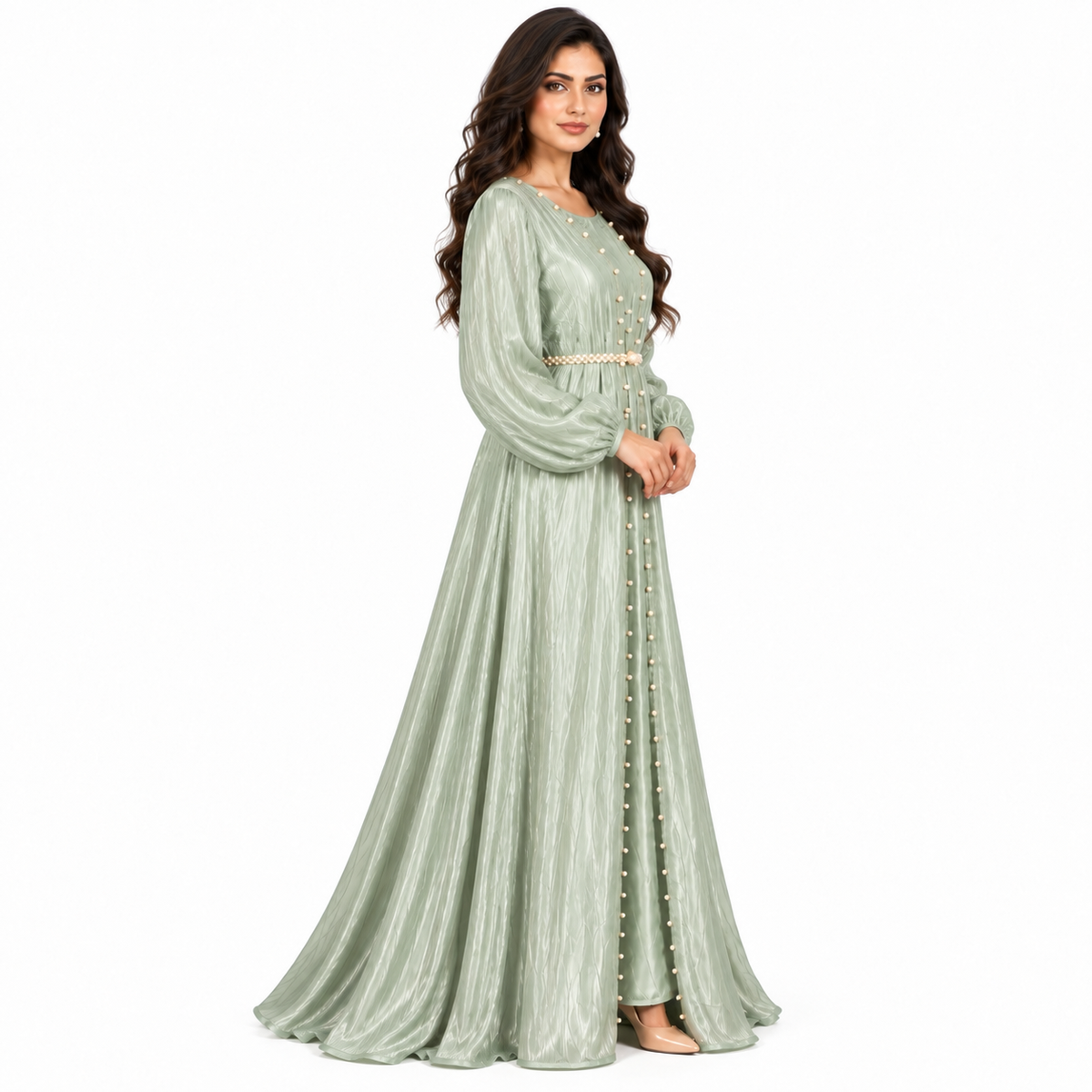 Light Green Pearl Belted Moroccan Kaftan