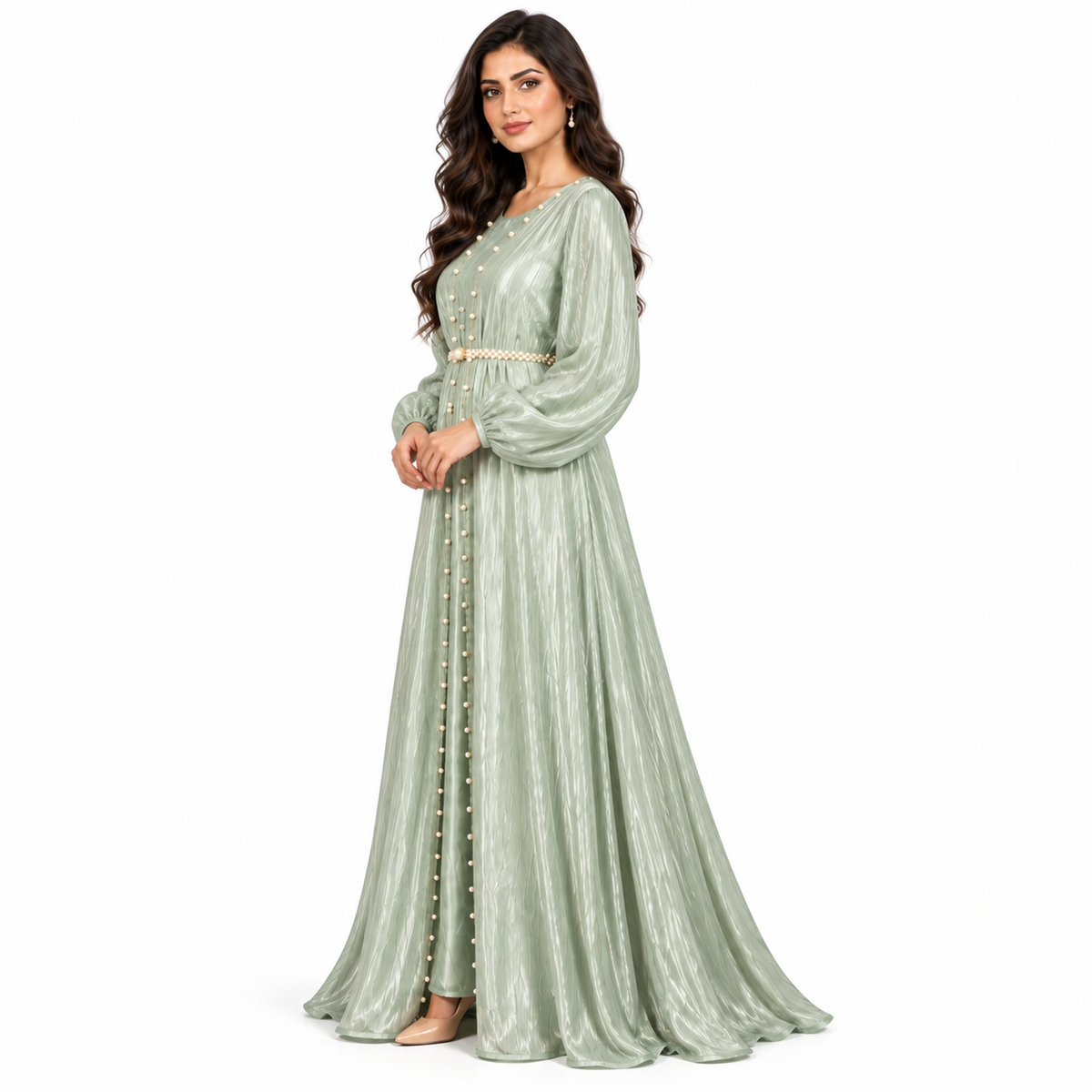 Light Green Pearl Belted Moroccan Kaftan