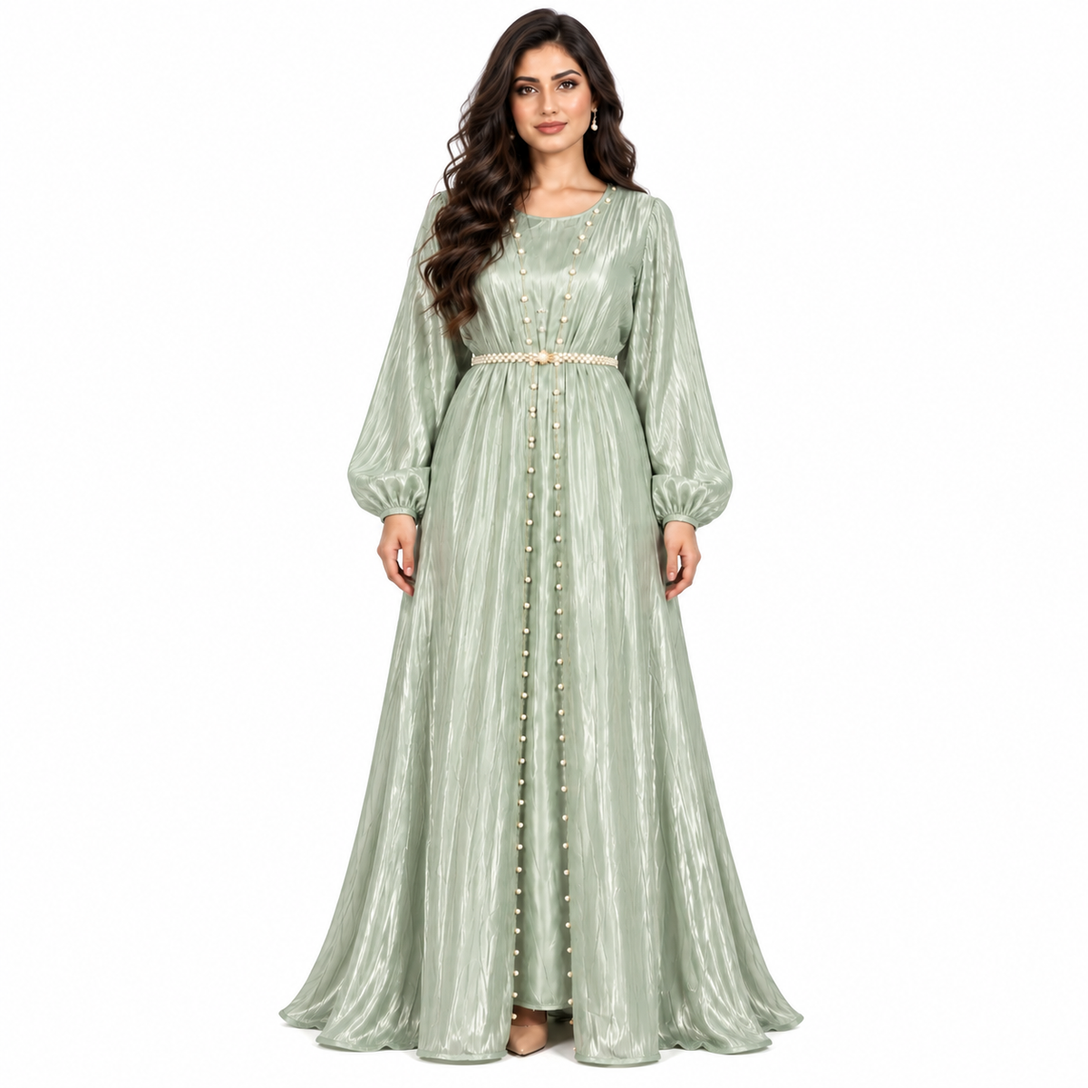 Light Green Pearl Belted Moroccan Kaftan