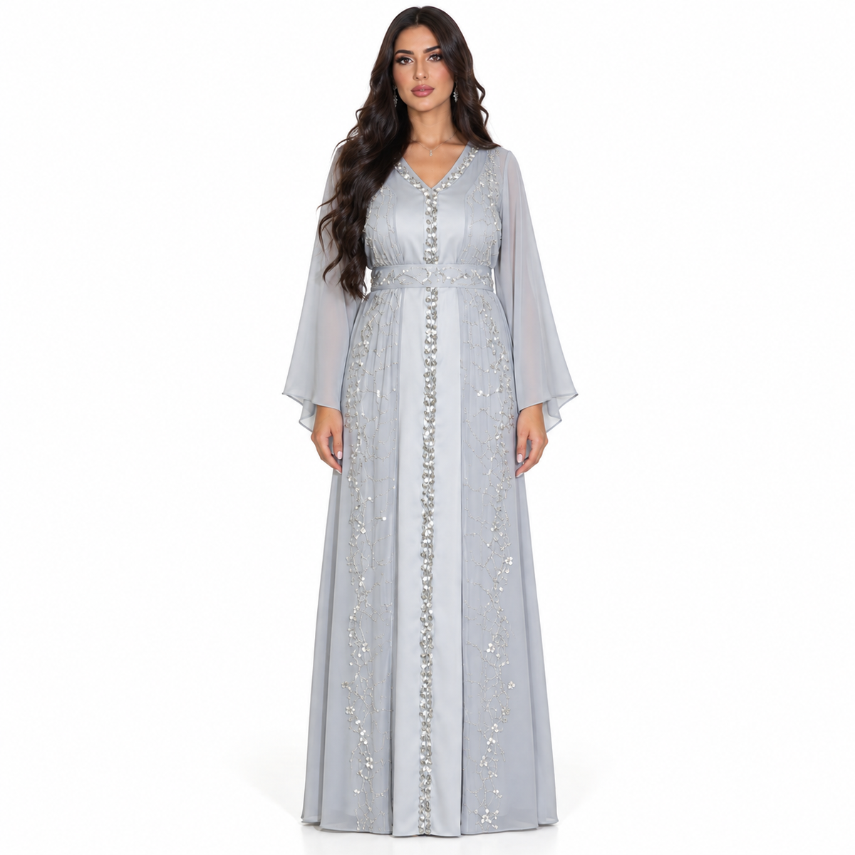 Grey Embellished Chiffon Luxury Moroccan Kaftan