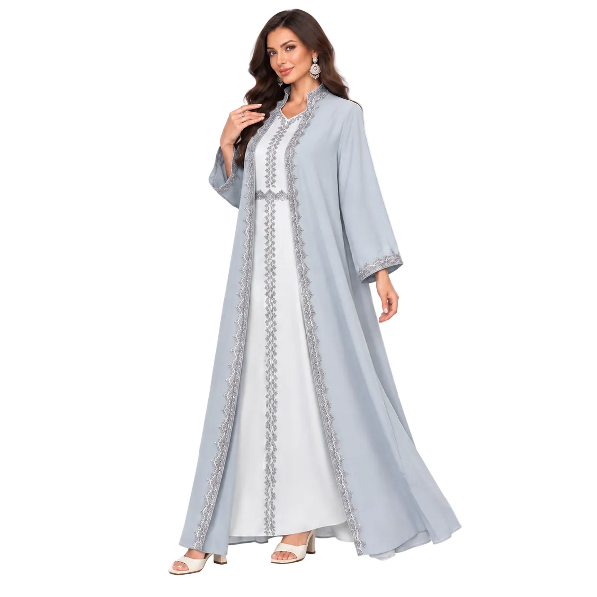 Grey Blue Embroidered Moroccan Luxury Kaftan