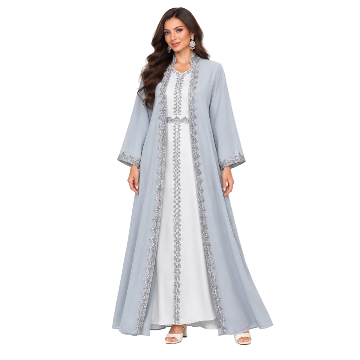 Grey Blue Embroidered Moroccan Luxury Kaftan