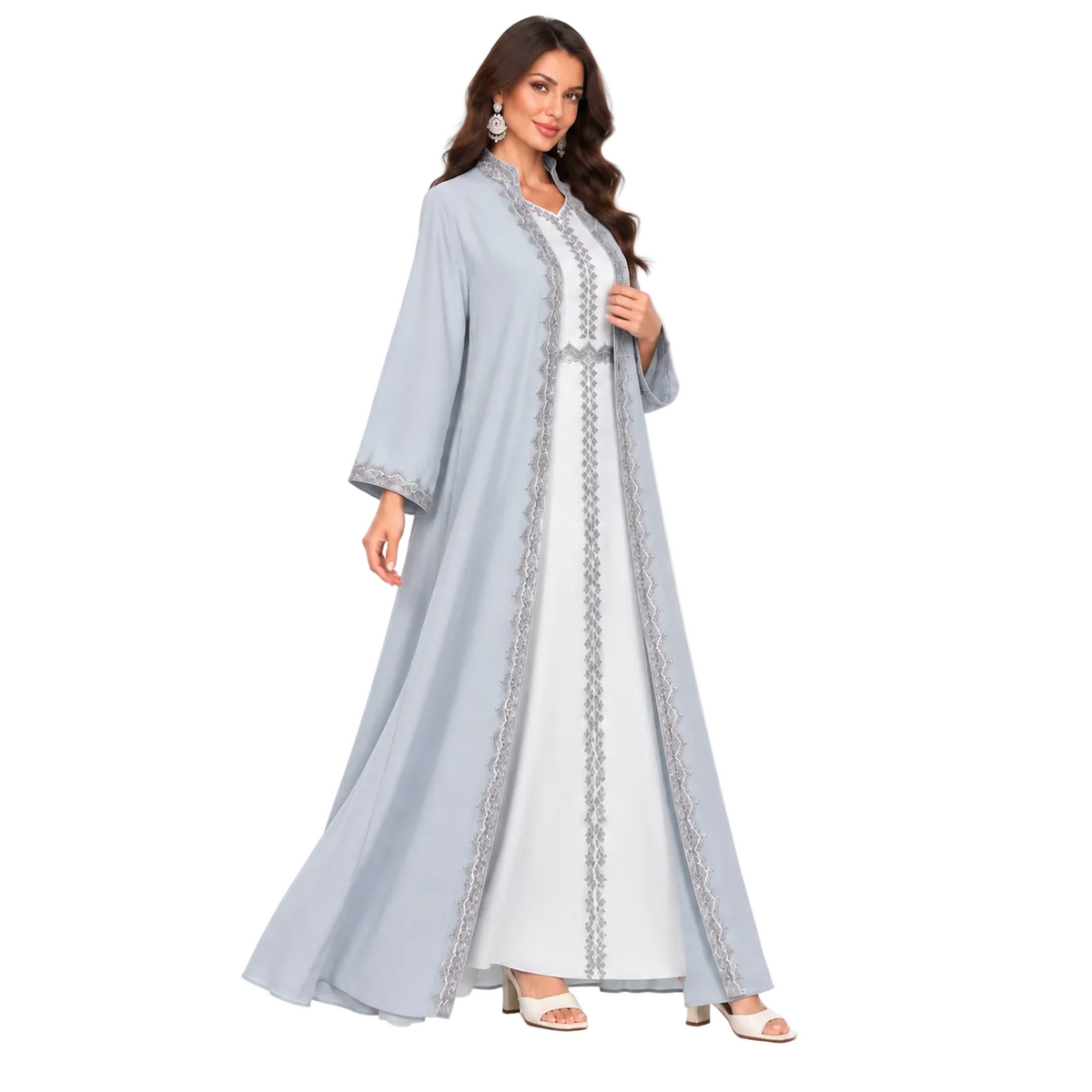 Grey Blue Embroidered Moroccan Luxury Kaftan