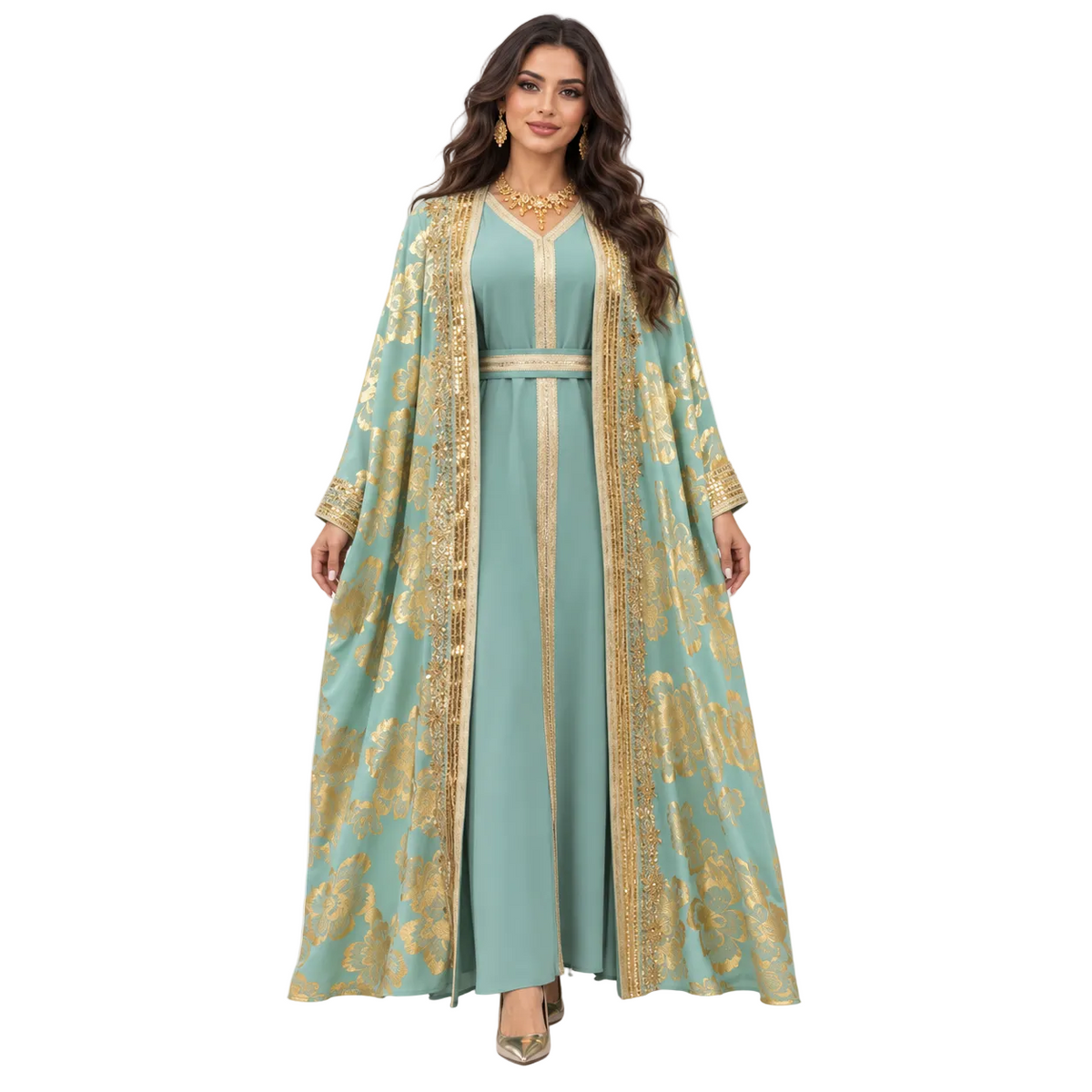 Green Gold Embroidered Moroccan Luxury Kaftan