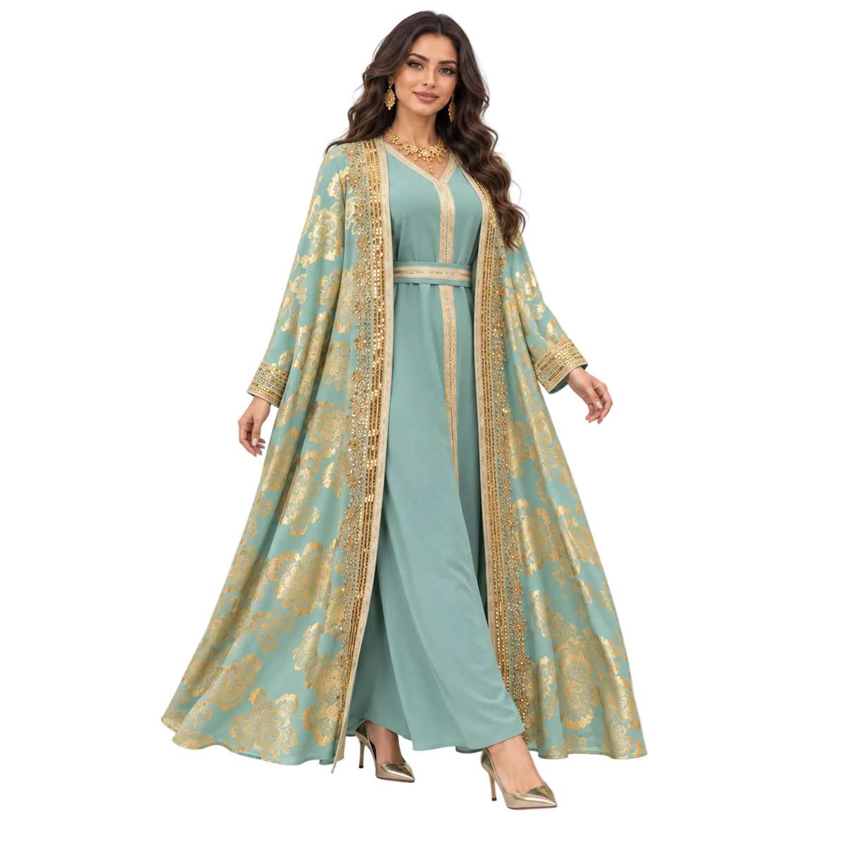 Green Gold Embroidered Moroccan Luxury Kaftan