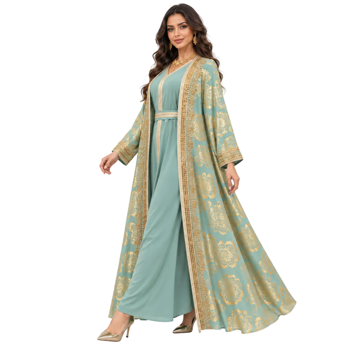 Green Gold Embroidered Moroccan Luxury Kaftan