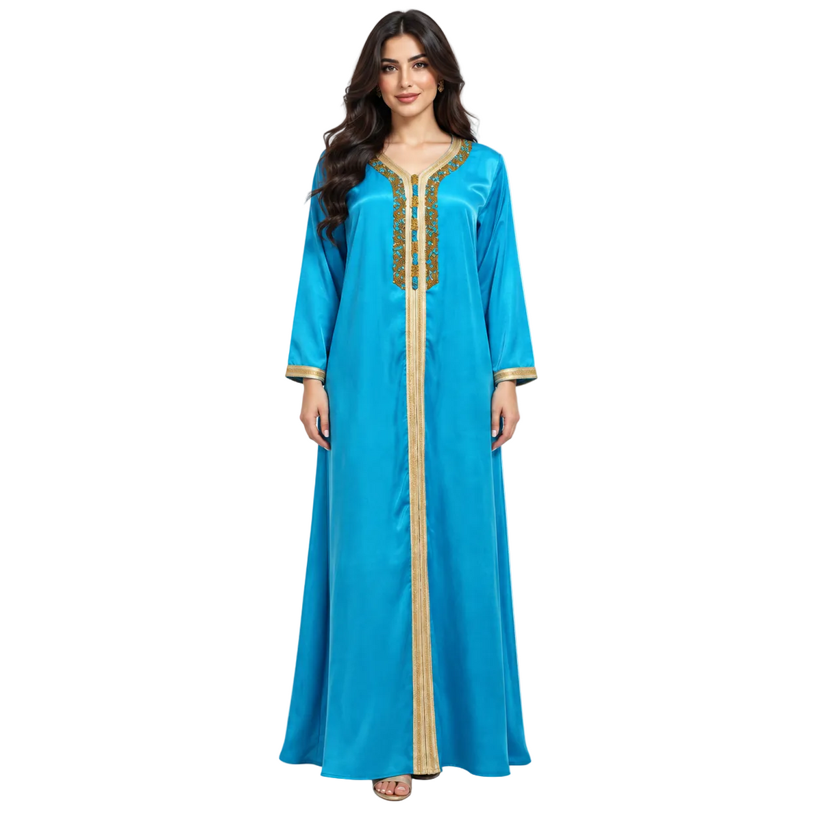 Turquoise Gold Embroidered Moroccan Luxury Kaftan
