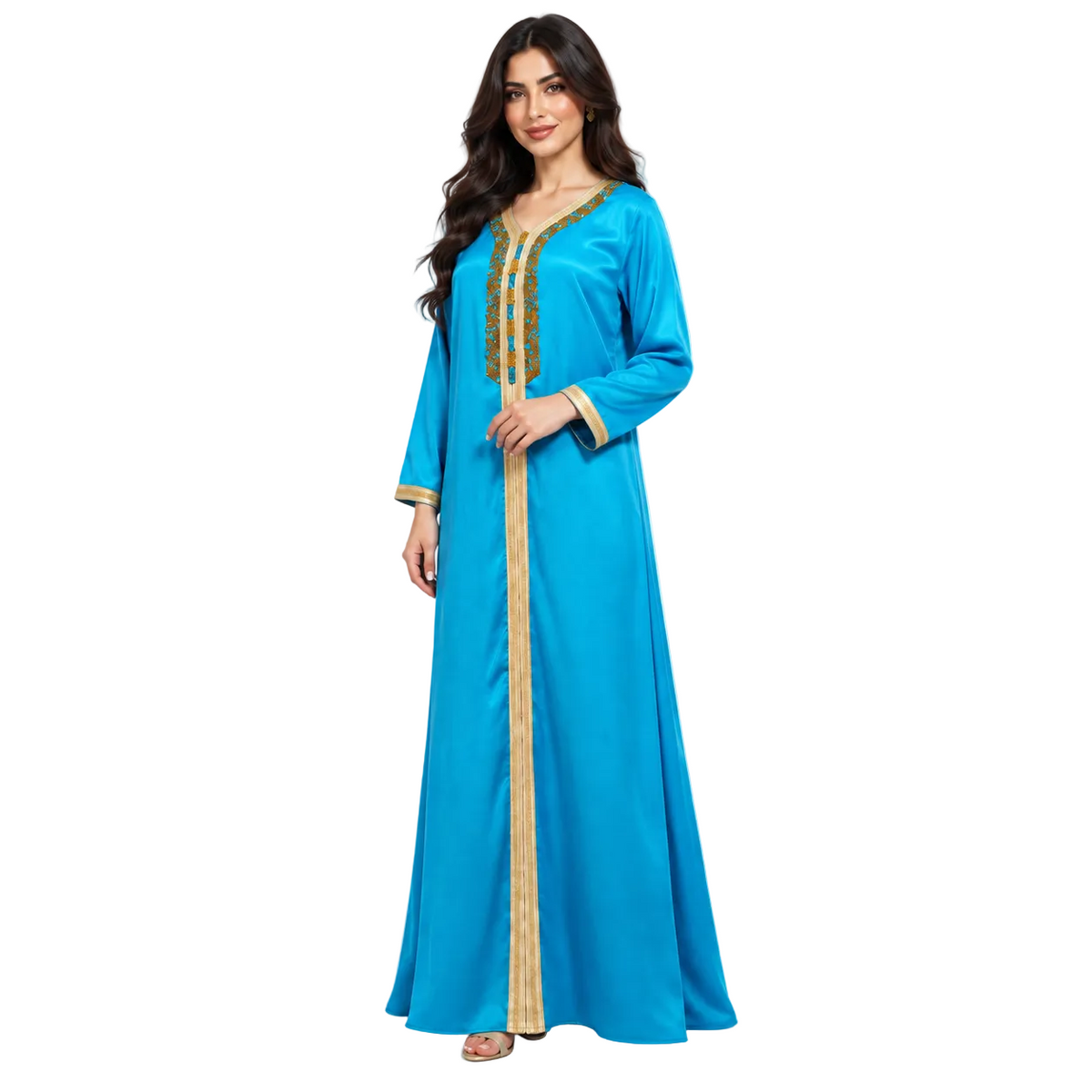 Turquoise Gold Embroidered Moroccan Luxury Kaftan