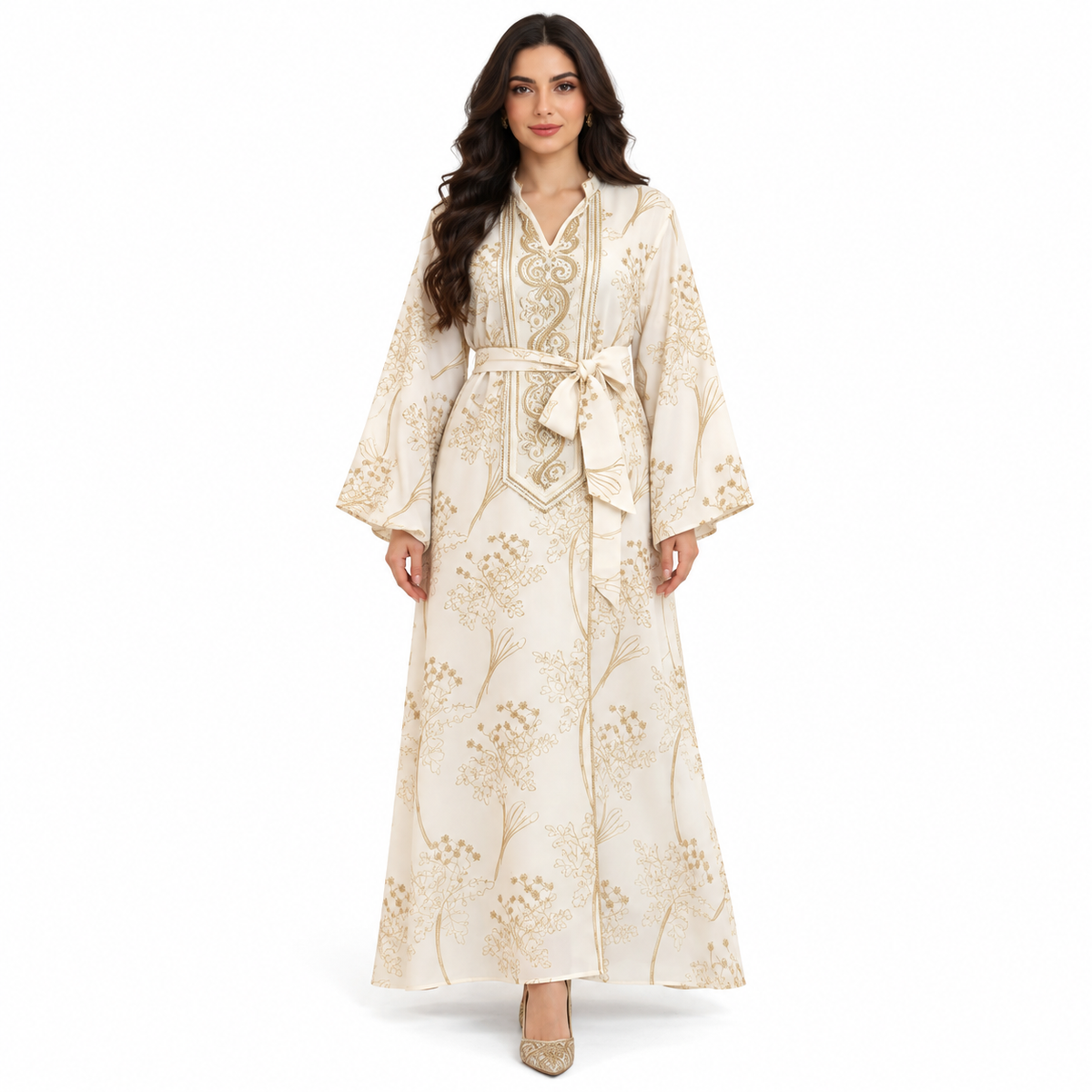 Beige Gold Botanical Moroccan Luxury Kaftan