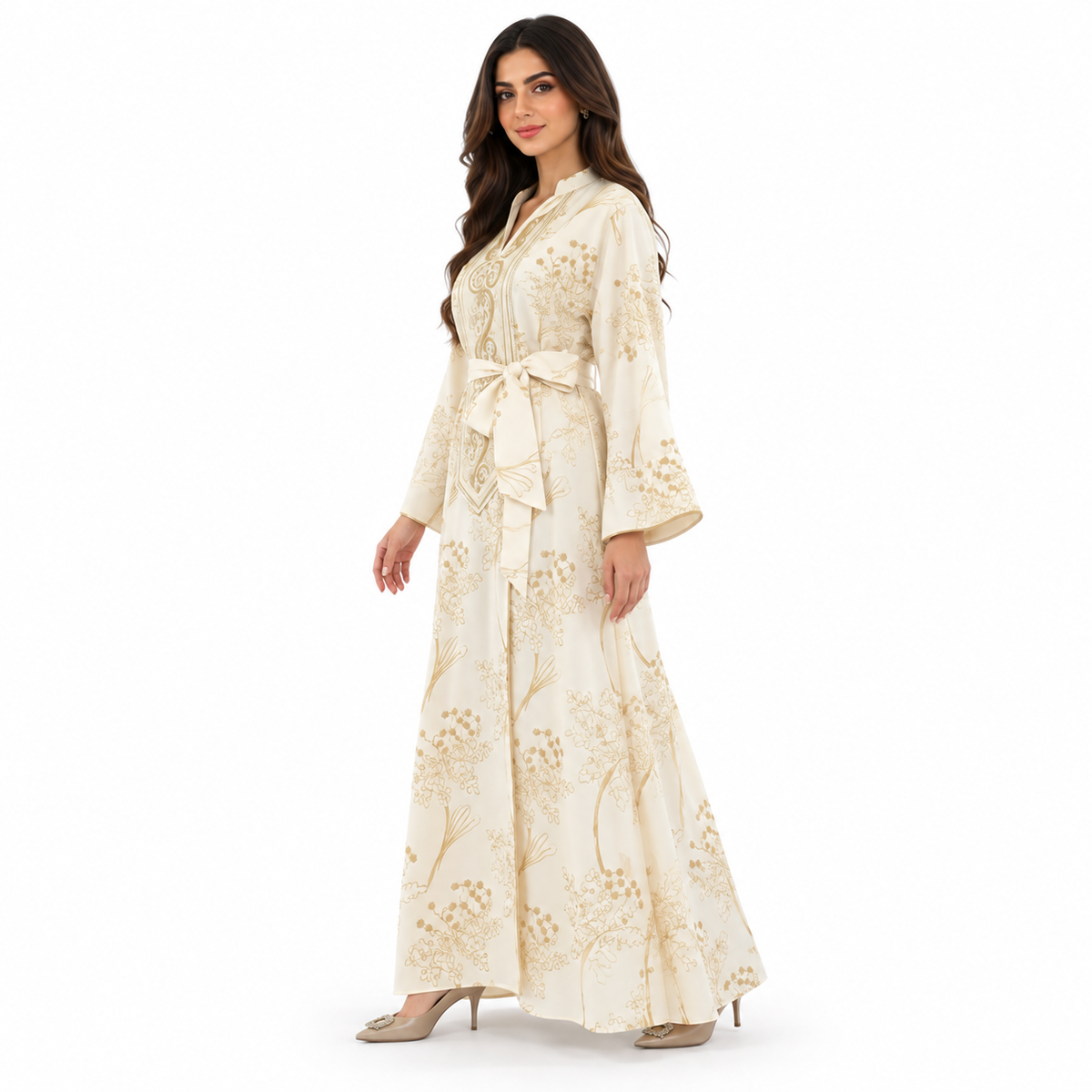 Beige Gold Botanical Moroccan Luxury Kaftan