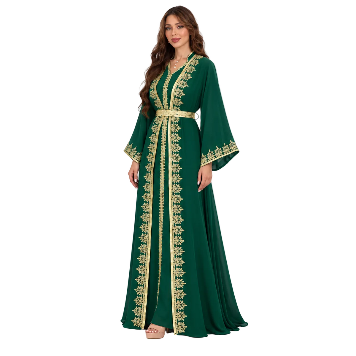 Emerald Green Gold Embroidered Moroccan Kaftan