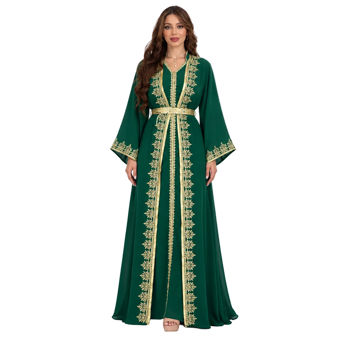 Emerald Green Gold Embroidered Moroccan Kaftan