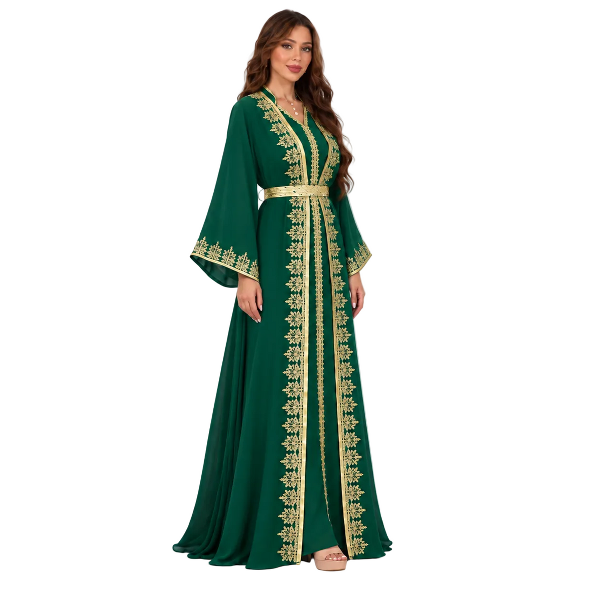 Emerald Green Gold Embroidered Moroccan Kaftan