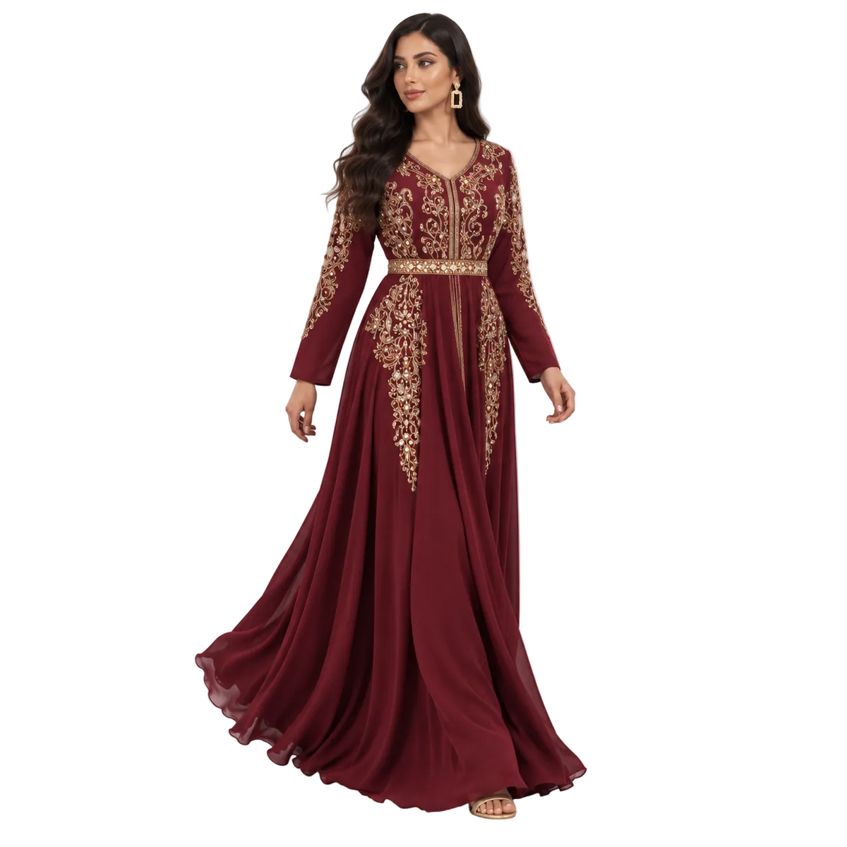 Burgundy Gold Embroidered Moroccan Luxury Kaftan