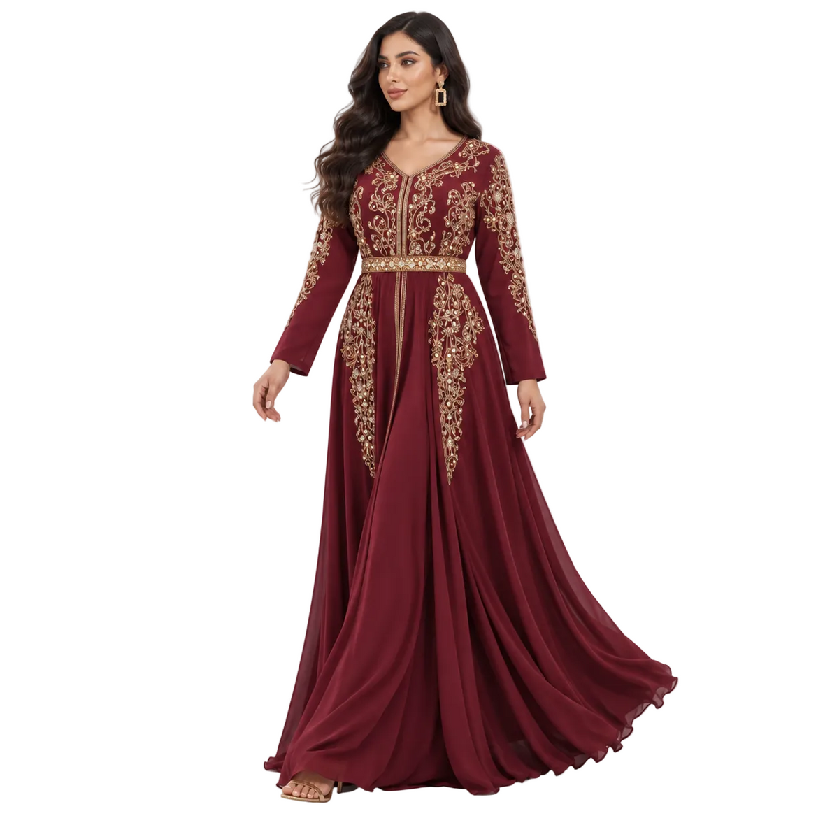 Burgundy Gold Embroidered Moroccan Luxury Kaftan