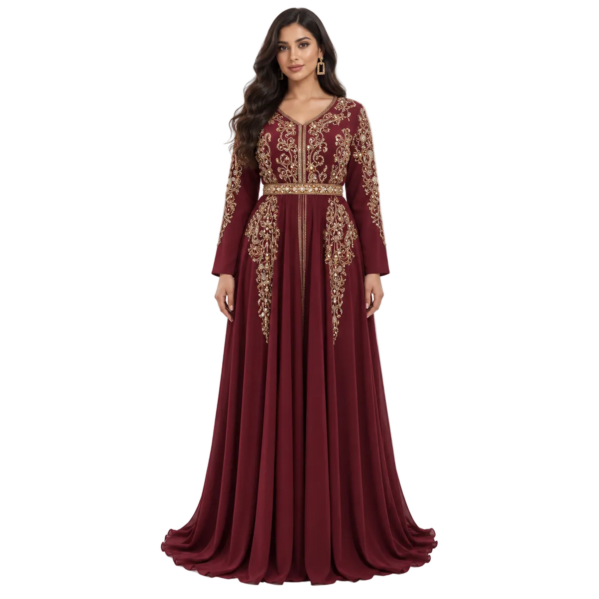 Burgundy Gold Embroidered Moroccan Luxury Kaftan