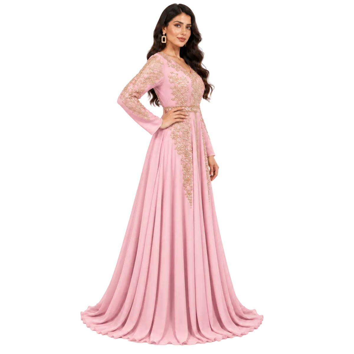 Pink Gold Embroidered Moroccan Luxury Kaftan