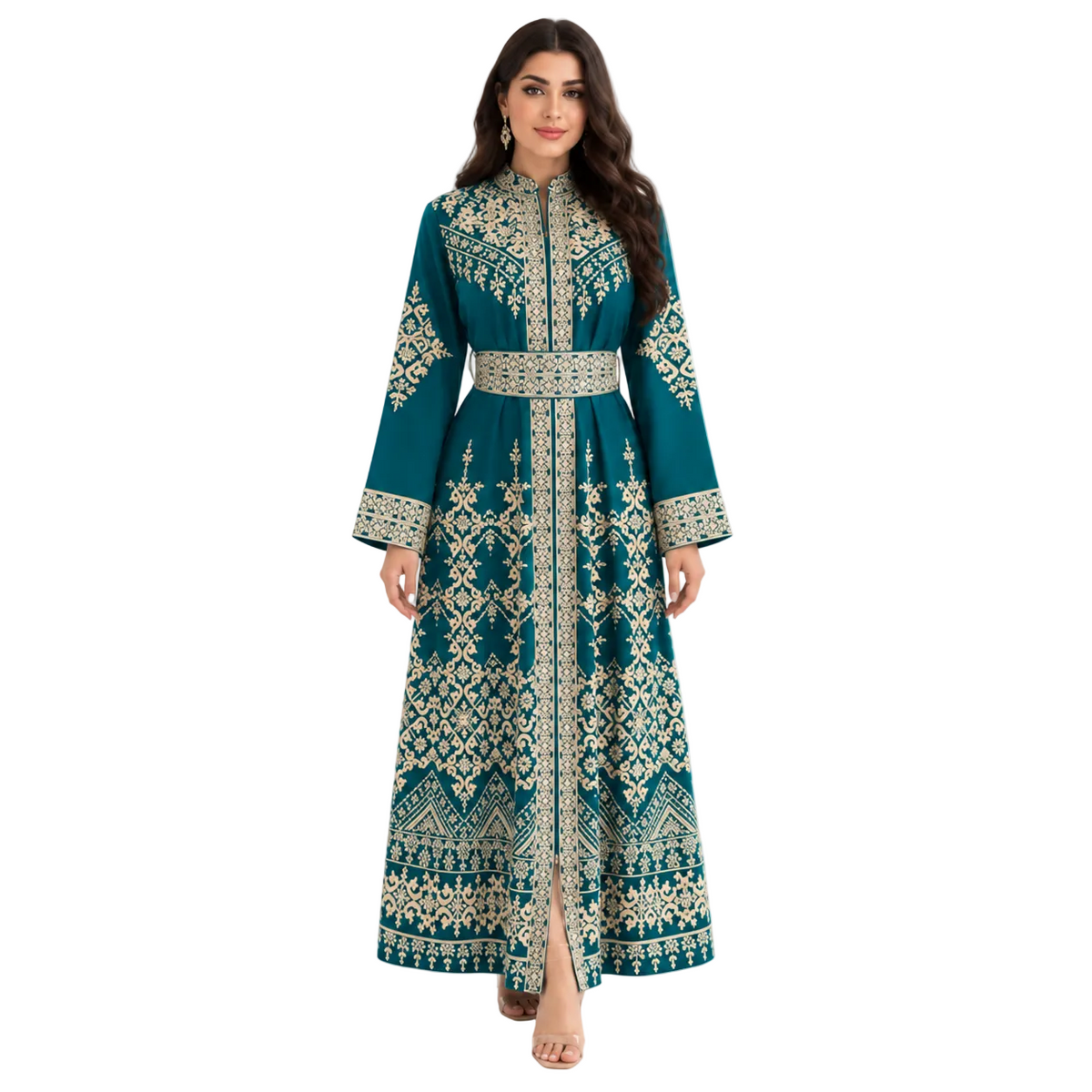 Teal Gold Embroidered Moroccan Luxury Kaftan
