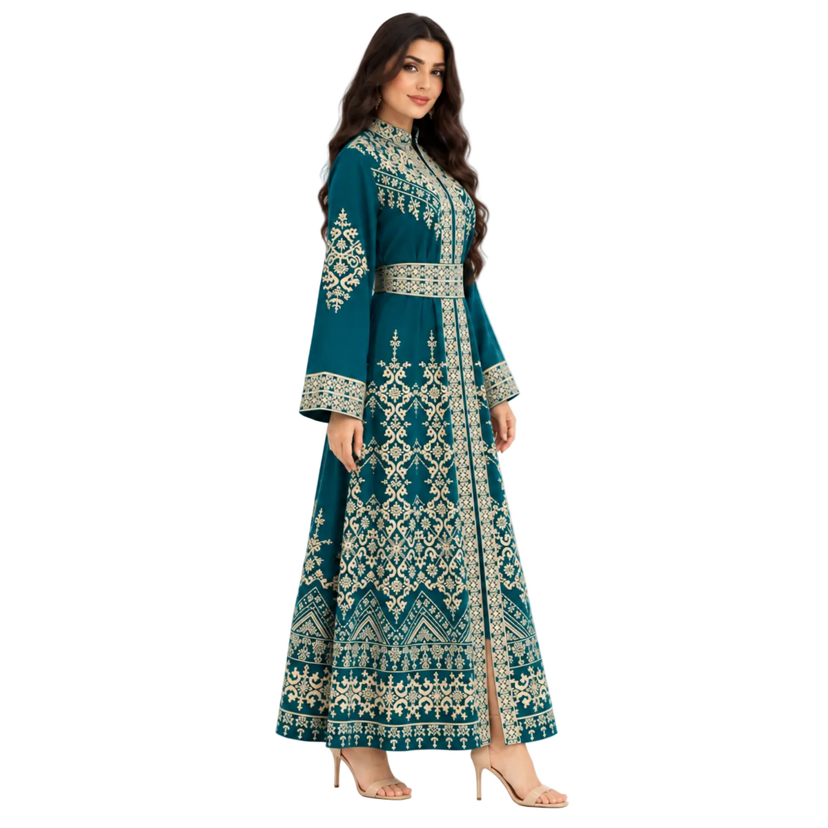 Teal Gold Embroidered Moroccan Luxury Kaftan