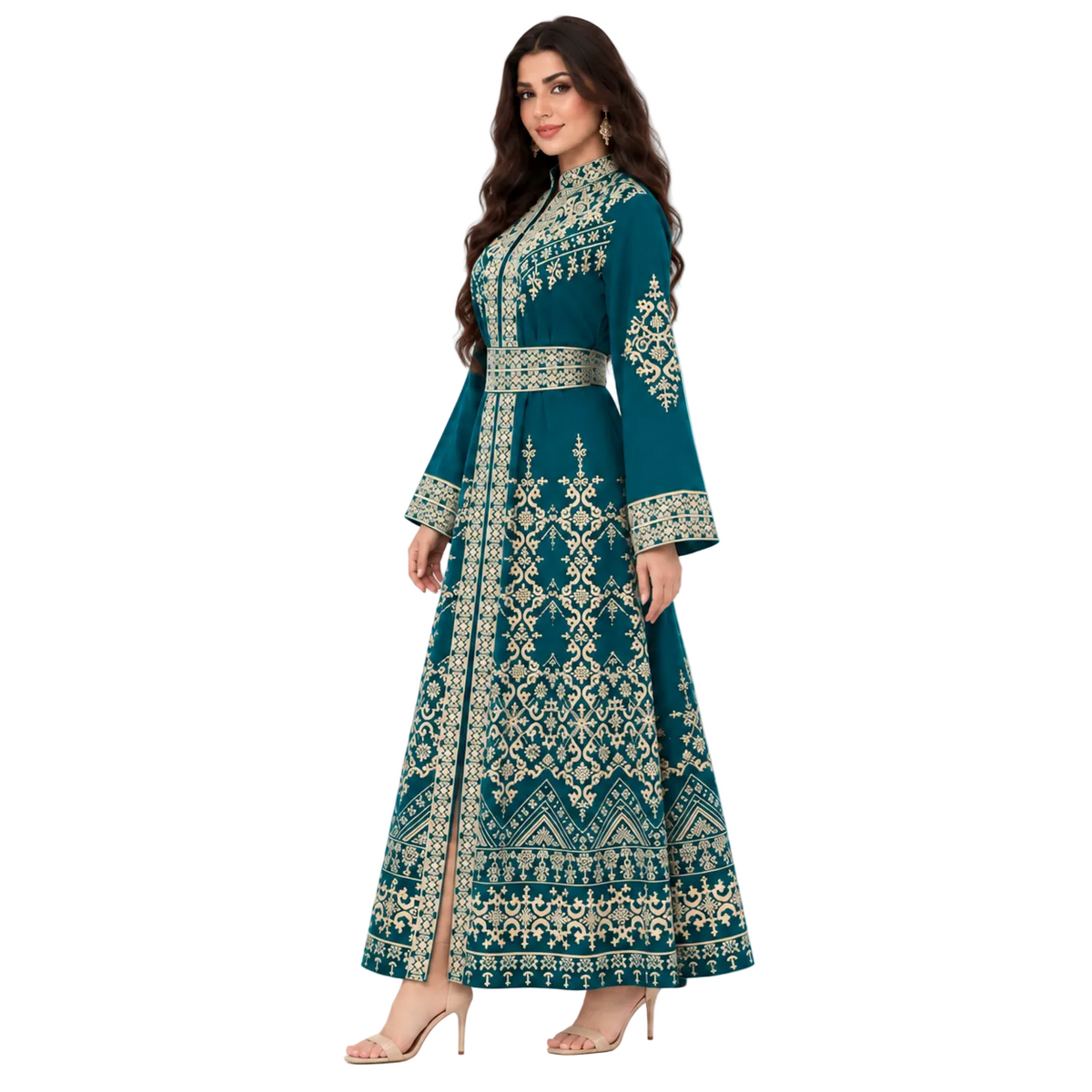 Teal Gold Embroidered Moroccan Luxury Kaftan
