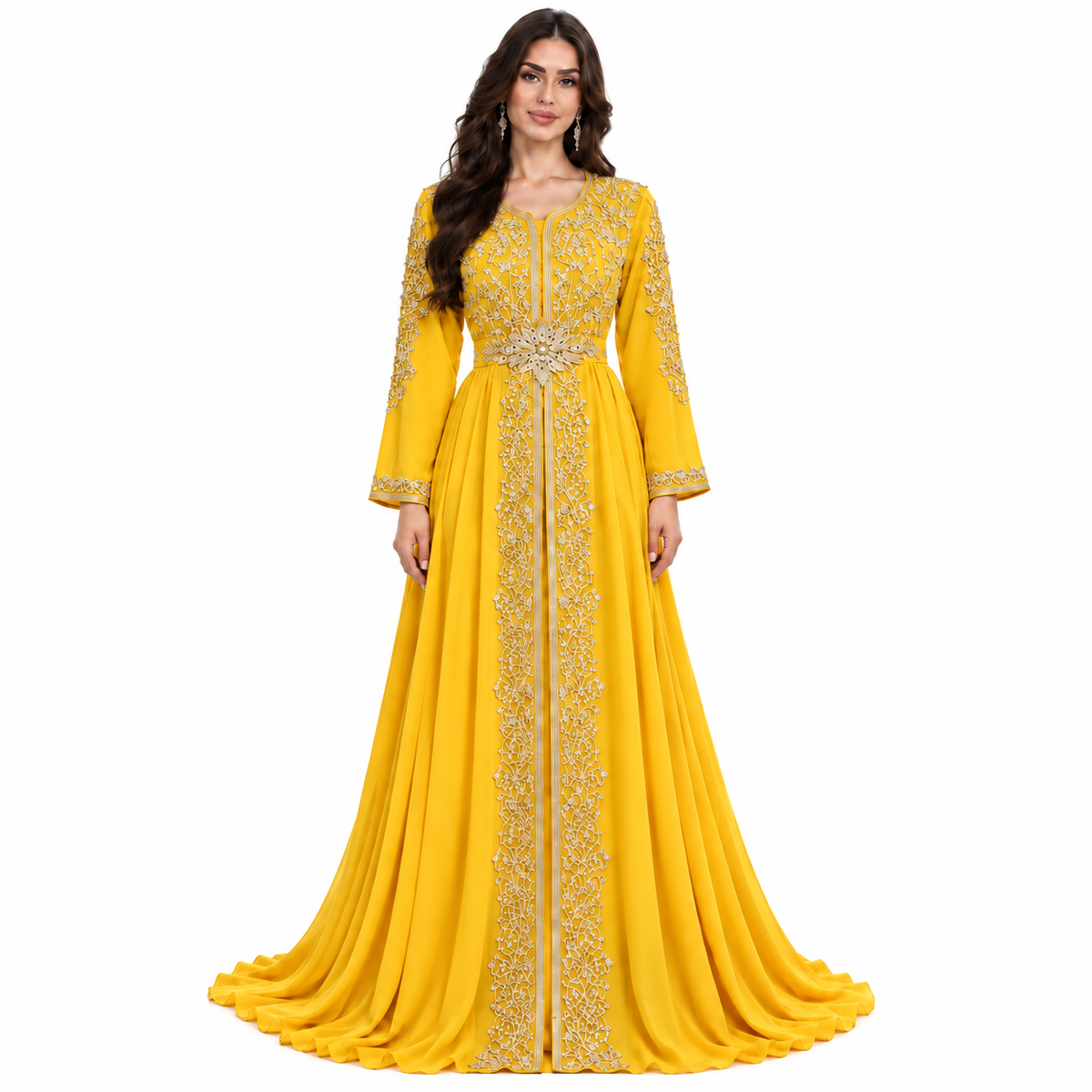 Yellow Embroidered Luxury Moroccan Kaftan Dress